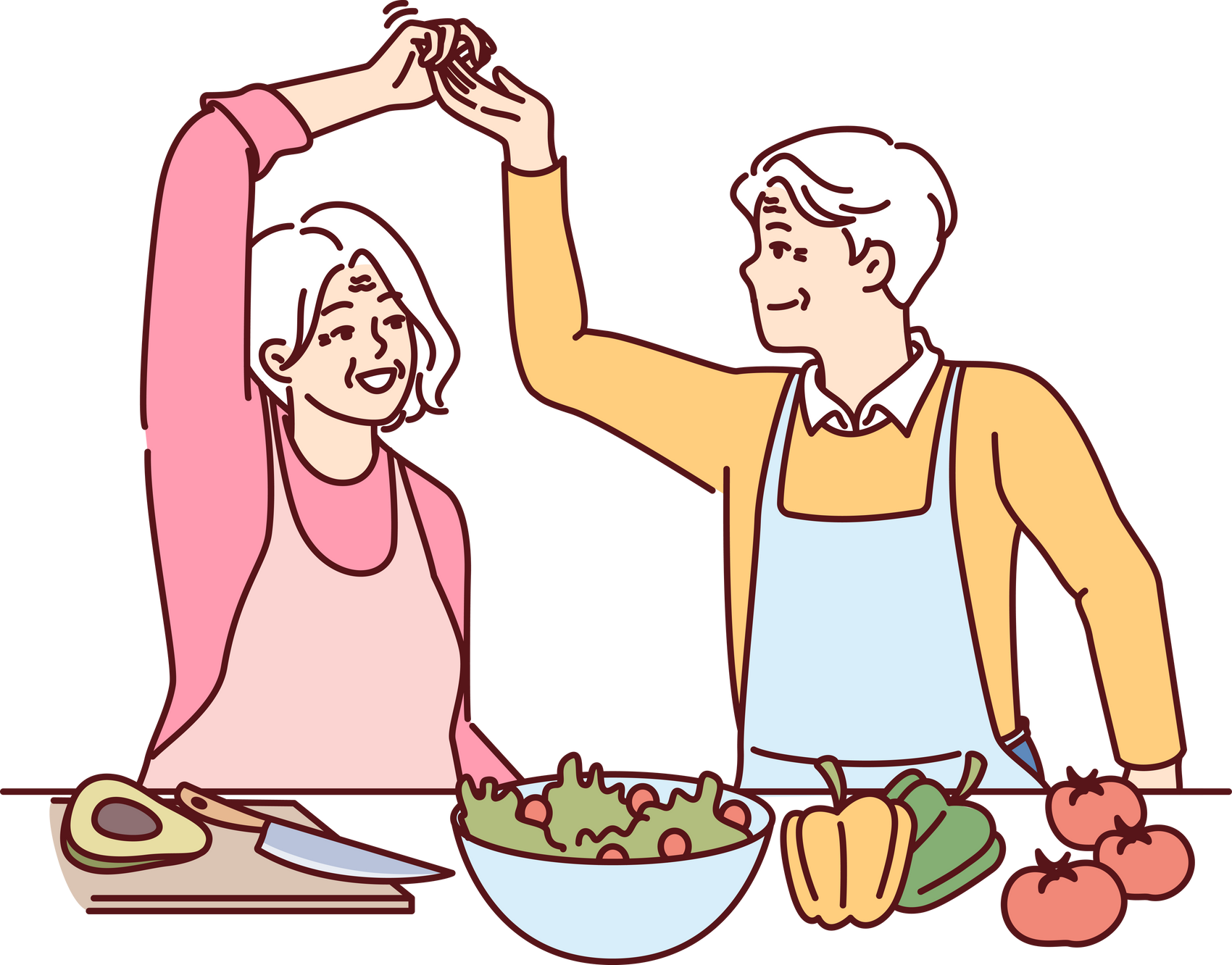 Elderly couple of vegans cooks dinner and dances together, calling for healthy lifestyle